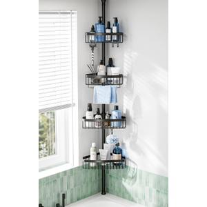 Corner Shower Caddy Tension Pole: Adjustable Rustproof 4-Tier Inside Bathroom Organizer - 47-121 inch Quick Installation Bathtub Shelves for Shampoo Storage - Rod Floor Standing Bath Rack - Black