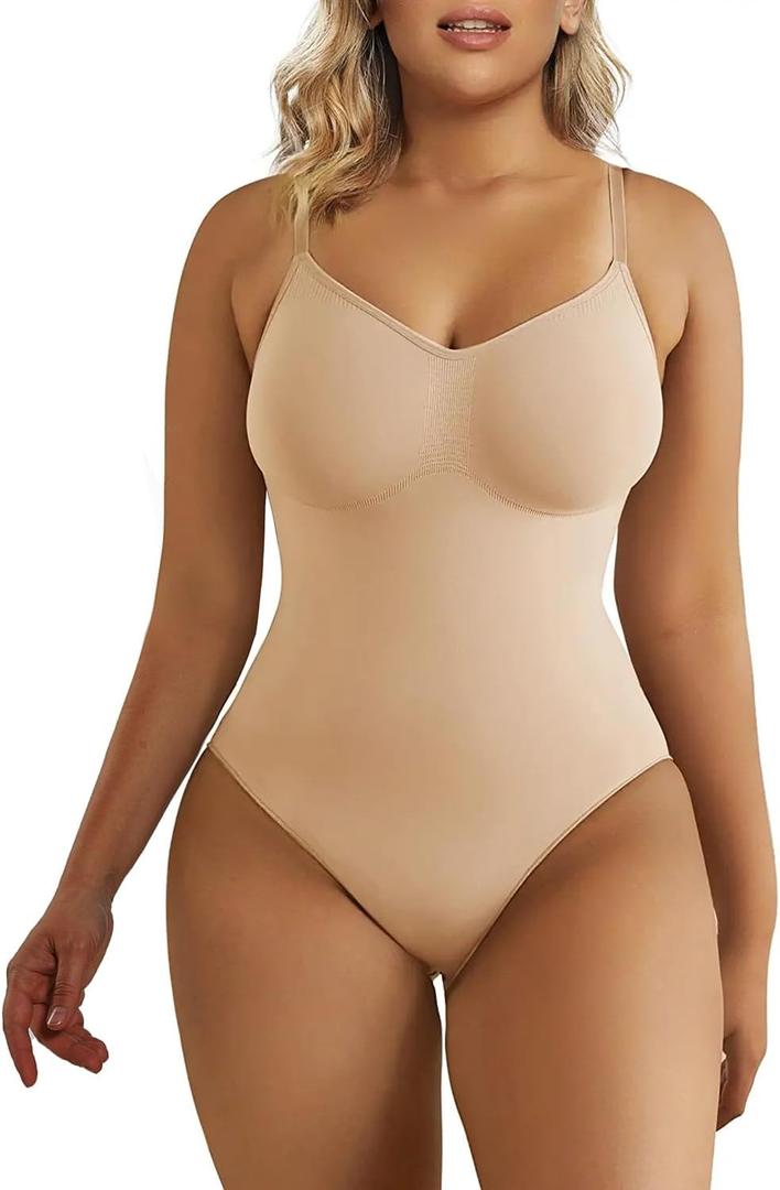 SHAPERX Women's Shapewear Bodysuit Tummy Control Body Shaper Seamless Sculpting Snatched Waist Body Suit (Small/Medium, Beige Thong)