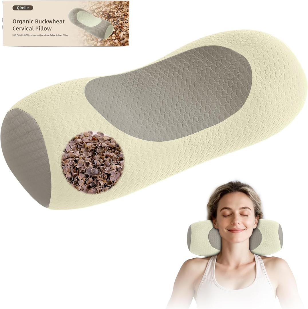 Organic Buckwheat Cervical Neck Pillow, Adjustable Neck Roll for Sleeping, Ergonomic Neck Support Bolster for Side & Back Sleepers, Firm Support Pillow for Neck Pain Relief & Spine Alignment