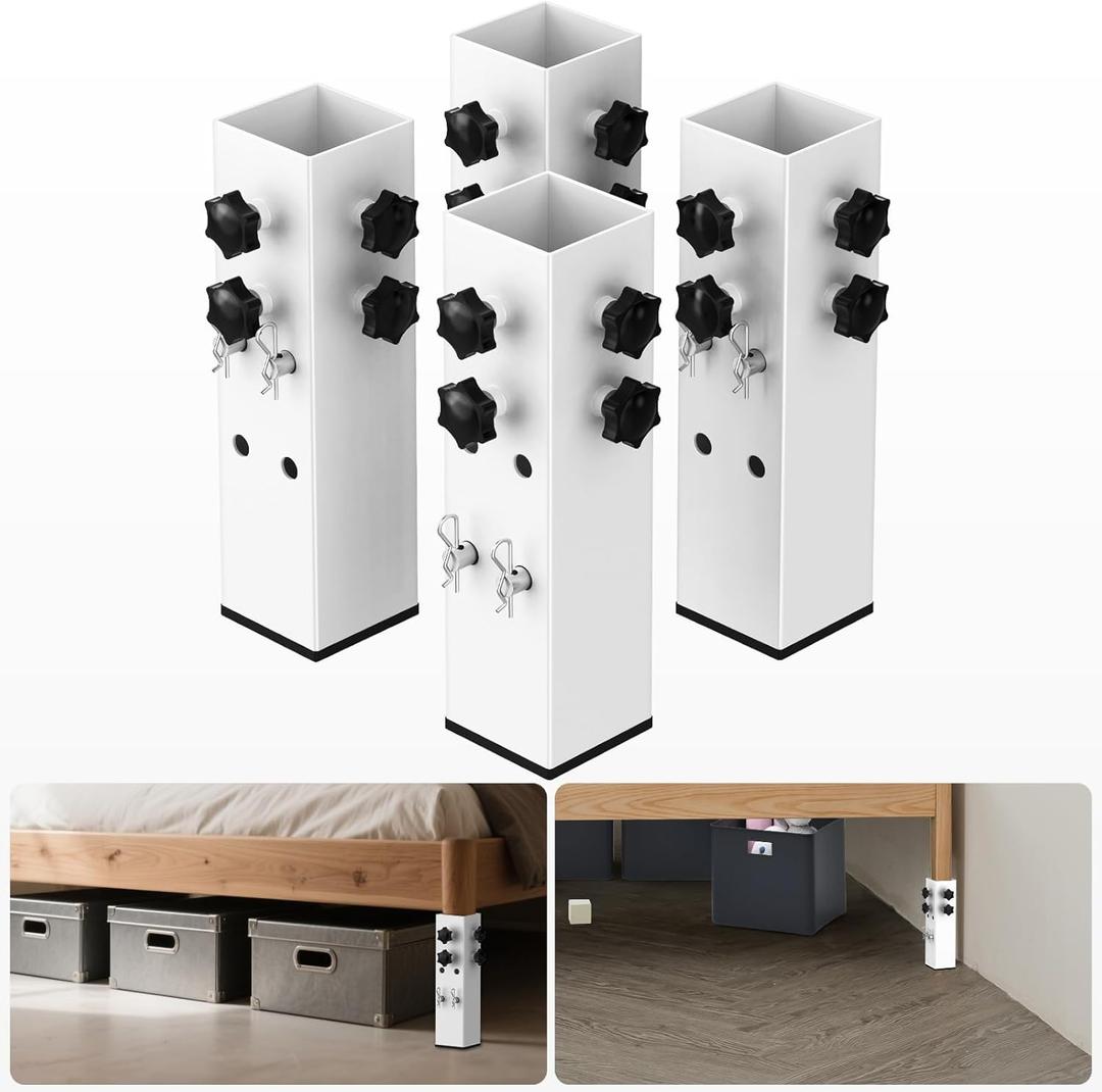2025 Up-Grade 4 Pack Carbon Steel Dorm Bed Riser 2.39" Diameter Metal Bed Riser Tall Bed Riser for Dorm Wooden Bed Frame Table Adjust Height 3.2", 5.1" (for Bed Leg 1.5-2.3")