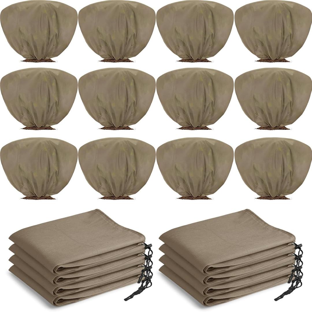Wesnoy 12 Pcs Winter Plant Covers Freeze Protection 39.4x23.6 Inch Horizontal Shrub Tree Rose Plant Protection Bags Frost Blanket with Drawstring for Fall Winter Outdoor Garden Planting (Brown)