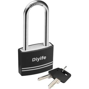 Diyife [Upgrade Version] Aluminum Padlock With Key - Waterproof Long Shackle Lock With 2 Keys for School, Gym Locker, Office, Fence, Outdoor and Indoor (Black)