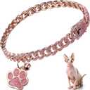 Hillban Cat Collar Diamond Chain Glitter Collar Walking Metal with Secure Buckle Cat Pet Necklace with Paw Charm and ID Tag Bell Link Cuban Jewelry Accessories Gift(8 Inch,Rose Gold, Pink)