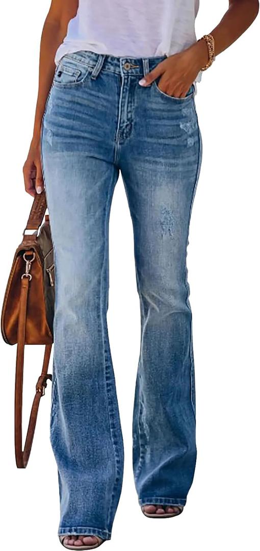 KUNMI Women's Flare Bell Bottom Jeans High Waisted Wide Leg Bootcut Jeans Stretchy Denim Pants (Blue, S)