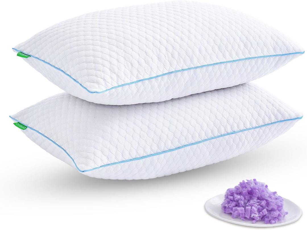 Shredded Memory Foam Pillows for Sleeping 2 Pack - Cooling Bed Pillows Standard Size Set of 2 - Firm Pillow for Side and Back Sleepers Adjustable Gel Pillow with Removable Cover