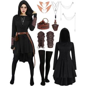9 Pcs Women Renaissance Dress with Hood Adult Medieval Fairy Elf Costume Archer Cosplay Outfit Halloween Costumes (Medium, Black)