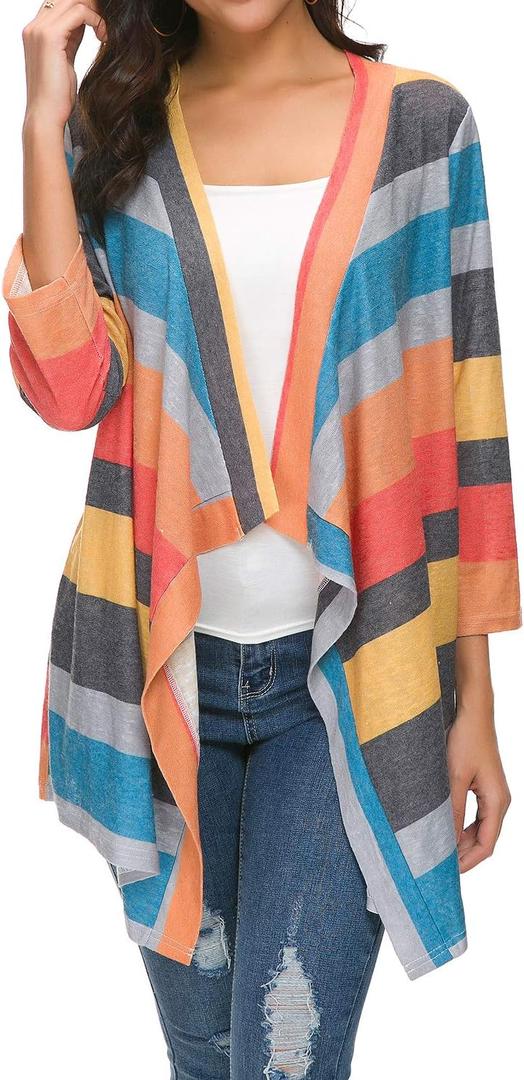 DEARCASE Women's Open Front Cardigans 3/4 Sleeve Draped Striped Printed Sweater Jackets Draped Kimono Loose Cardigan (M)