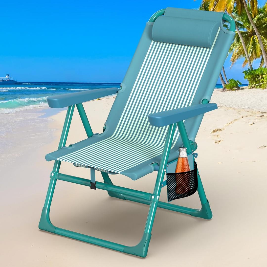 Suteck Backpack Beach Chair, 6-Positions Beach Chairs for Adults with Cooler Bag, Reclining Beach Chair with Cup Holder Folding Camping Chair for Sand Outdoor