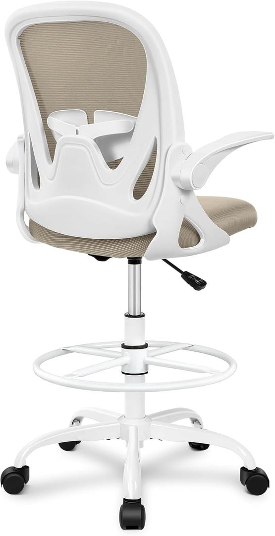 Primy Drafting Chair Tall Office Chair with Flip-up Armrests Executive Ergonomic Computer Standing Desk Chair with Lumbar Support and Adjustable Footrest RingKhaki (934-Z)