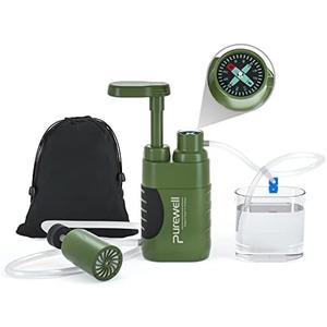 Purewell Water Purifier Pump with Replaceable Carbon 0.01 Micron Water Filter, 4 Filter Stages, Portable Outdoor Emergency and Survival Gear - Camping, Hiking, Backpacking