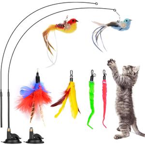 Oziral Cat Feather Toys, 10PCS Toys with Super Suction Cup, 2PCS Detachable Wand & 6PCS Replacement Teaser Refills, Interactive Indoor Cat Play