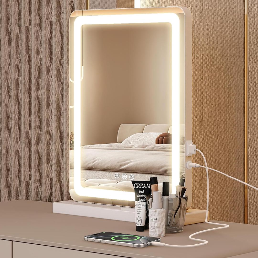 Sweetcrispy 18"x13" LED Vanity Mirror with Lights, Dimmable 3 Color Modes Makeup Mirror with Memory Function, USB Charging, Aluminum Frame, Lighted Mirrors for Desk, Bedroom, Living Room