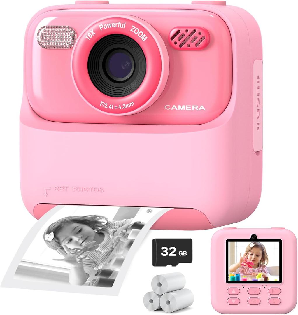Upgrade Kids Camera Instant Print for Boys and Girls, 1080P HD Dual-Lens Selfie Digital Camera with Print Paper & 32G Card, Christmas Birthday Gifts Toys for Toddler and Teenagers Age 3-16 Years Old (Pink)