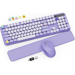 Wireless Keyboard and Mouse Combo - Cute Typewriter Keyboard with Detachable Wrist Rest, Retro Round Keycaps, Foldable Legs, 2.4GHz Full-Size Keyboard for PC, Laptop, Mac, Windows - Trueque (Purple)