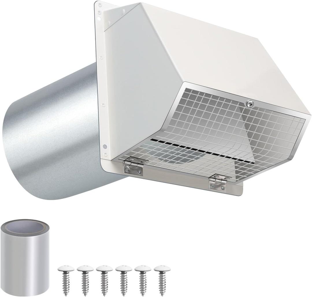 4 Inch Dryer Vent Cover Outside Hooded Wall Vent with Screen and Damper, Exhaust Vent Wall Mount Exterior Wall Vents Cover Cap for Dryer Ventilation&Outdoor Air Exhaust,Galvanized Steel,White