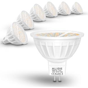 ALIDE MR16 Led Flood Bulbs 5W, Replace 50W Halogen,Wide Angle 120 Degree Beam,GU5.3 Bi-Pin 2700K Warm White,12V MR16 LED Bulb for Overhead Tracking Flood Recessed Accent Landscape Lighting,6 Pack