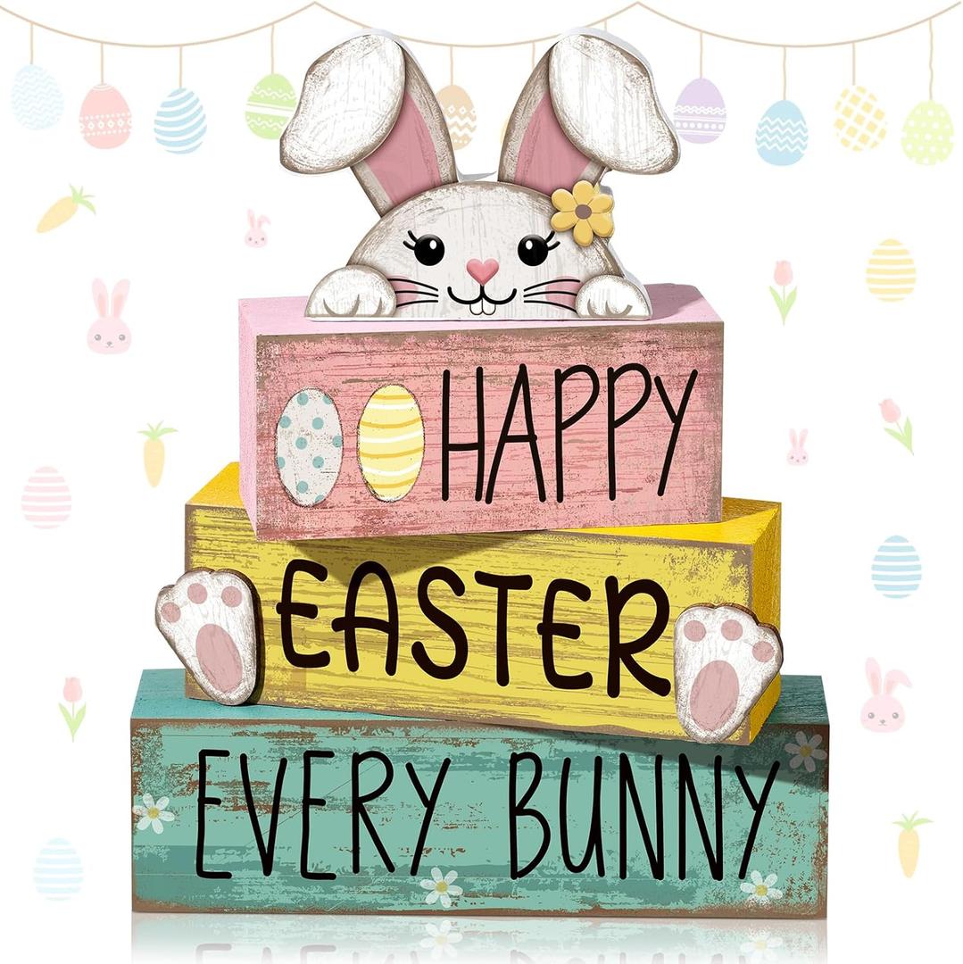 Moucuny 4 Pcs Easter Table Decorations Bunny Tiered Tray Decor Wooden Bunny Block Signs for Family Gatherings, Reusable Happy Easter Centerpiece for Kitchen, Home Shelf, Office & Spring Party Tables