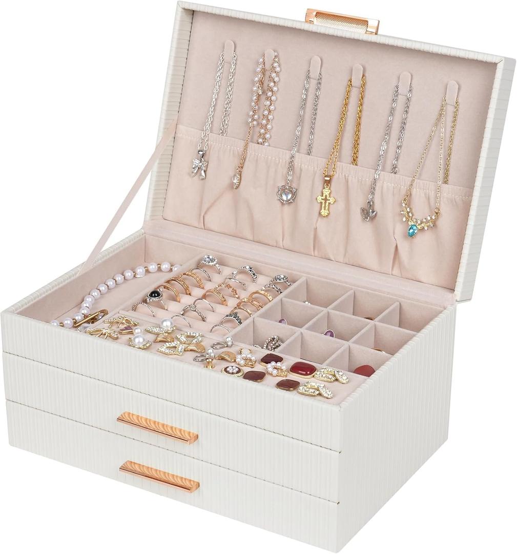 Dajasan Jewelry Boxes for Women, Jewelry Box Organizer with 2 Drawers, 3-Tier Large Jewelry Holder Organizer Box for Necklace Ring Earring Bracelet, Gift Idea, Modern Style (White)