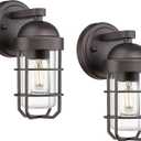 Emliviar Farmhouse Outdoor Wall Sconces, 2 Pack Vintage Exterior Light Fixtures with Nautical Metal Cage and Tempered Glass, Oil Rubbed Bronze Finish, GE255B-2PK ORB (9.4 Inch - 2 Pack)