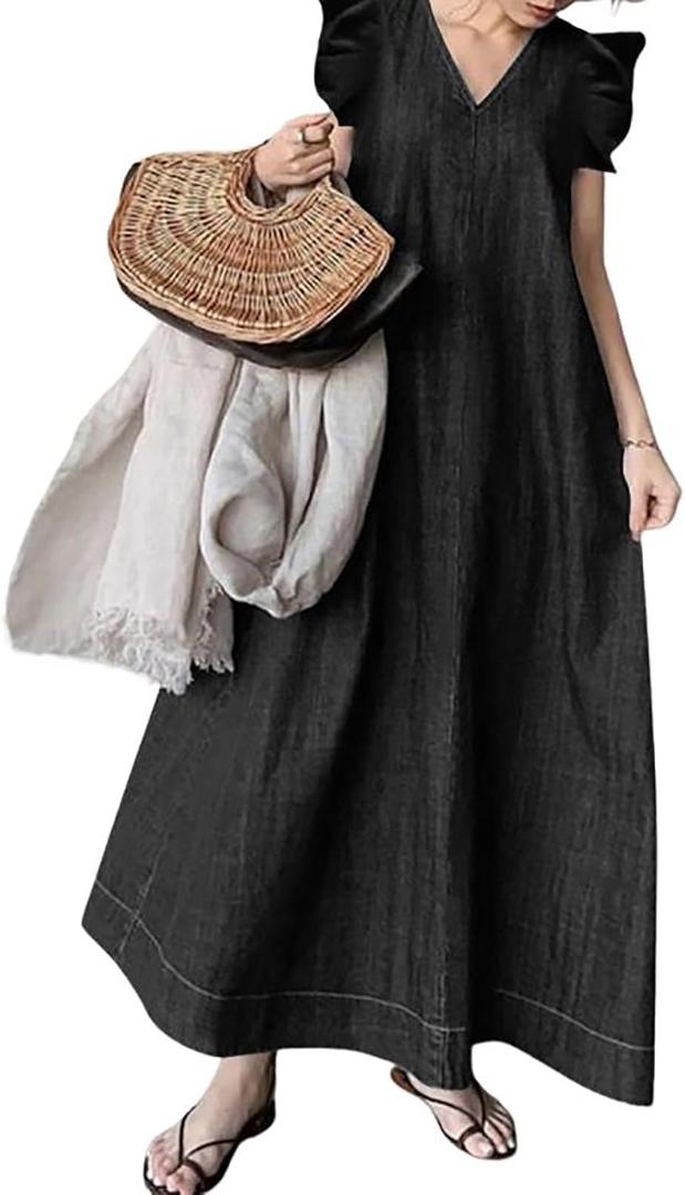 utcoco Womens Long Denim Dress Casual Loose Fit Ruffle Sleeveless V-Neck Jean Maxi Dresses for Women 2025 (Medium, Black)