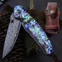 Omesio Damascus Pocket Knife with Leather Sheath Damascus Folding Knife Blue Abalone Handle Japanese Real Damascus Steel Folding Knife with Gift Box for Men/Dad/Father and Women