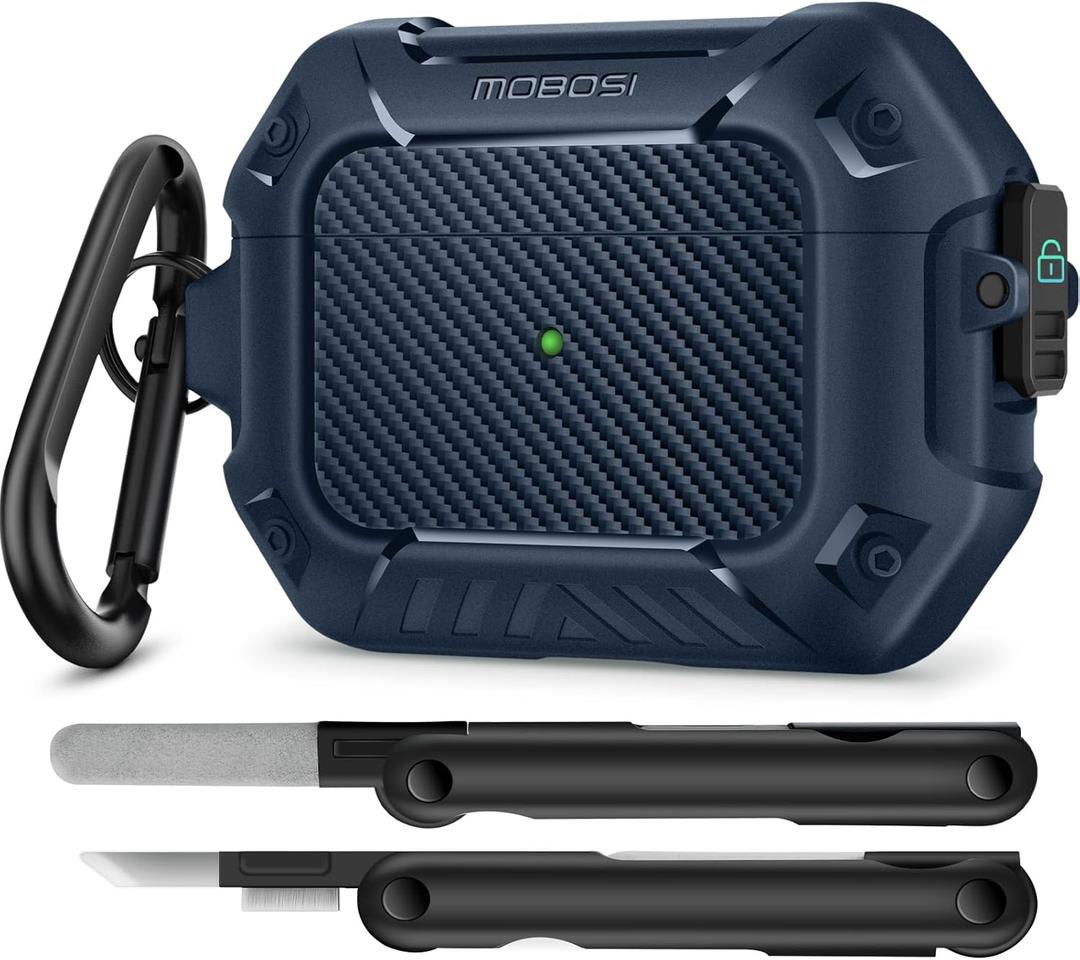 MOBOSI for AirPod Pro Case with Cleaner Kit, Compatible with Airpods Pro 2 Case Cover 1st/2nd Generation with Lock & Keychain, Full Body Shockproof Protective Case (2023/2022/2019), Blue