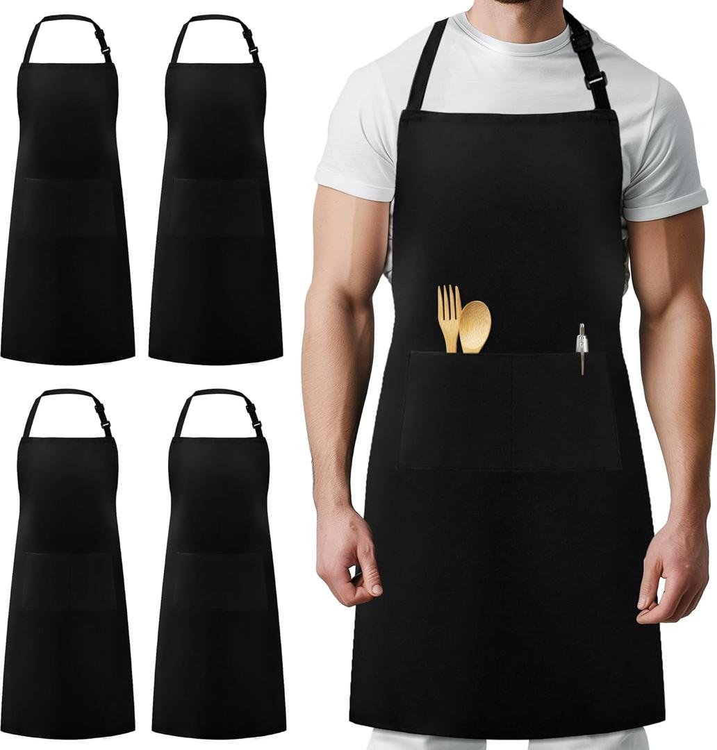 Syntus 4 Pack Adjustable Bib Apron with 2 Pockets Cooking Kitchen Aprons for Women Men Chef (Black)