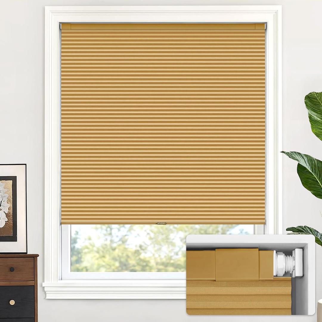 LazBlinds Cordless Cellular Shades, No Tools No Drill Blackout Honeycomb Shades Pleated Blinds for Windows, 26" W x 64" H, Yellowish-Brown