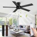 48 Inch Flush Mount Ceiling Fan no Light, Black Ceiling Fan with Remote, 6-Speeds, Quiet Reversible DC Motor, Indoor/Outdoor Ceiling Fans without Lights for Patio, Living Room, Bedroom