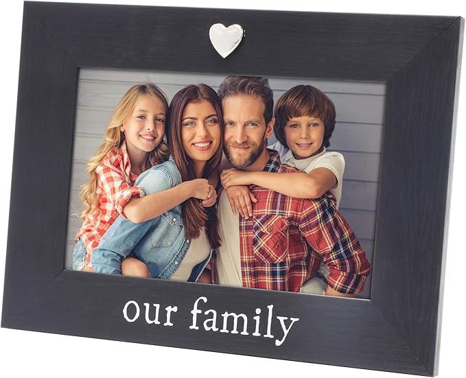 MIMOSA MOMENTS "Our Family Black 4x6 Picture Frame with Silver Heart Ornament, Tabletop Display, Family Photo Frame for Home Decor, Gift for Housewarming, Christmas, Home Keepsake