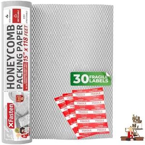 XFasten White Honeycomb Packing Paper for Moving 15-Inch x 118-Feet Bubble Honeycomb Wrap, Honeycomb Wrapping Paper for Packing Cushion with 30 Fragile Stickers Packaging Material