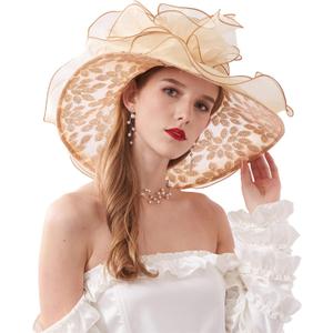 Womens Organza Church Derby Tea Party Hats Wedding Fascinator Hat Anti Wide Brim Sun Big Hats (Style7-NEW Khaki)