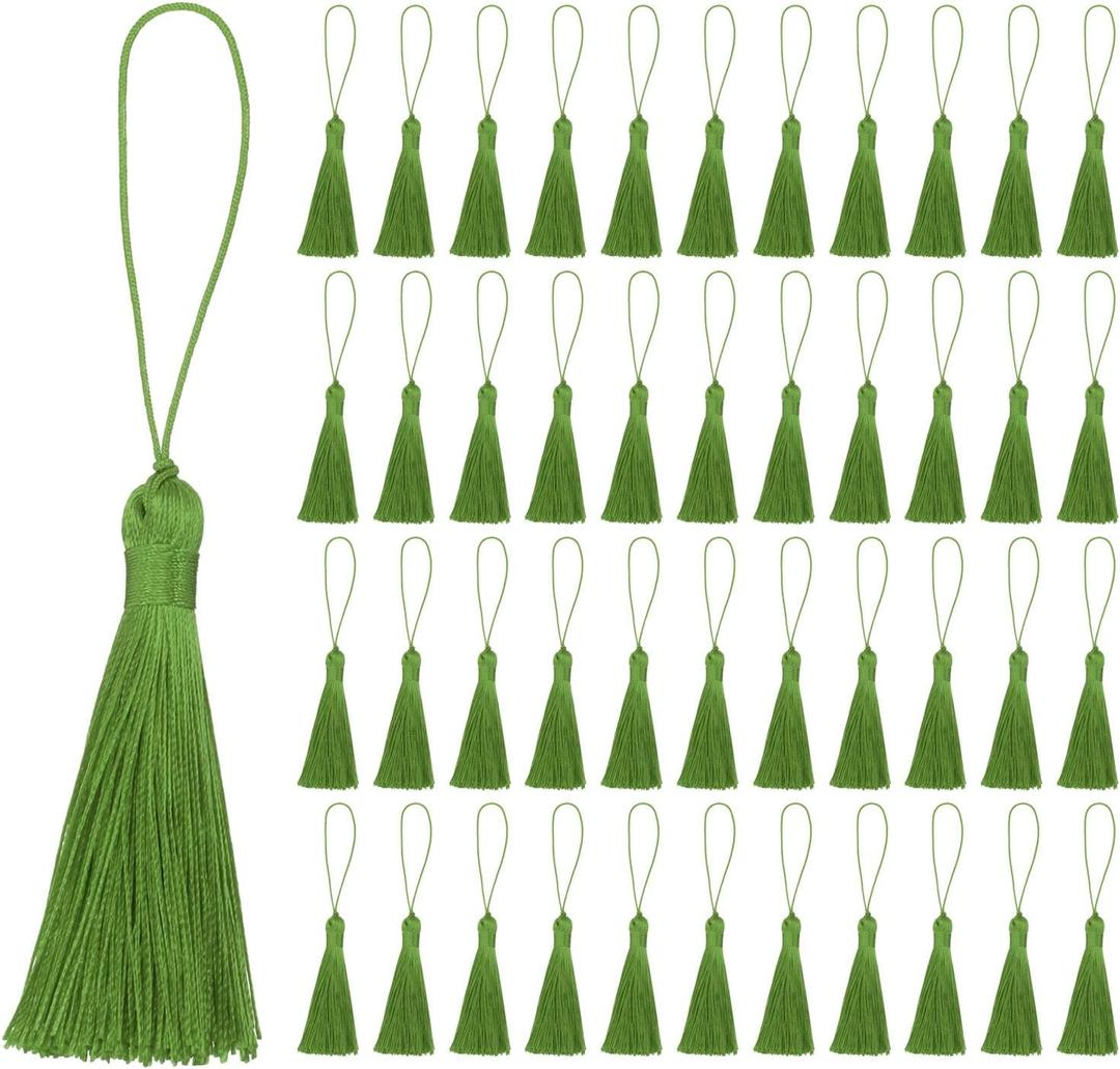 uxcell 45Pcs Mini Silky Bookmark Tassels, Handmade Soft Floss Craft Tassels with Loop, Small Tassel for Jewelry Making, Keychain, Souvenir, Graduation, Clothing Sewing, Olive Green