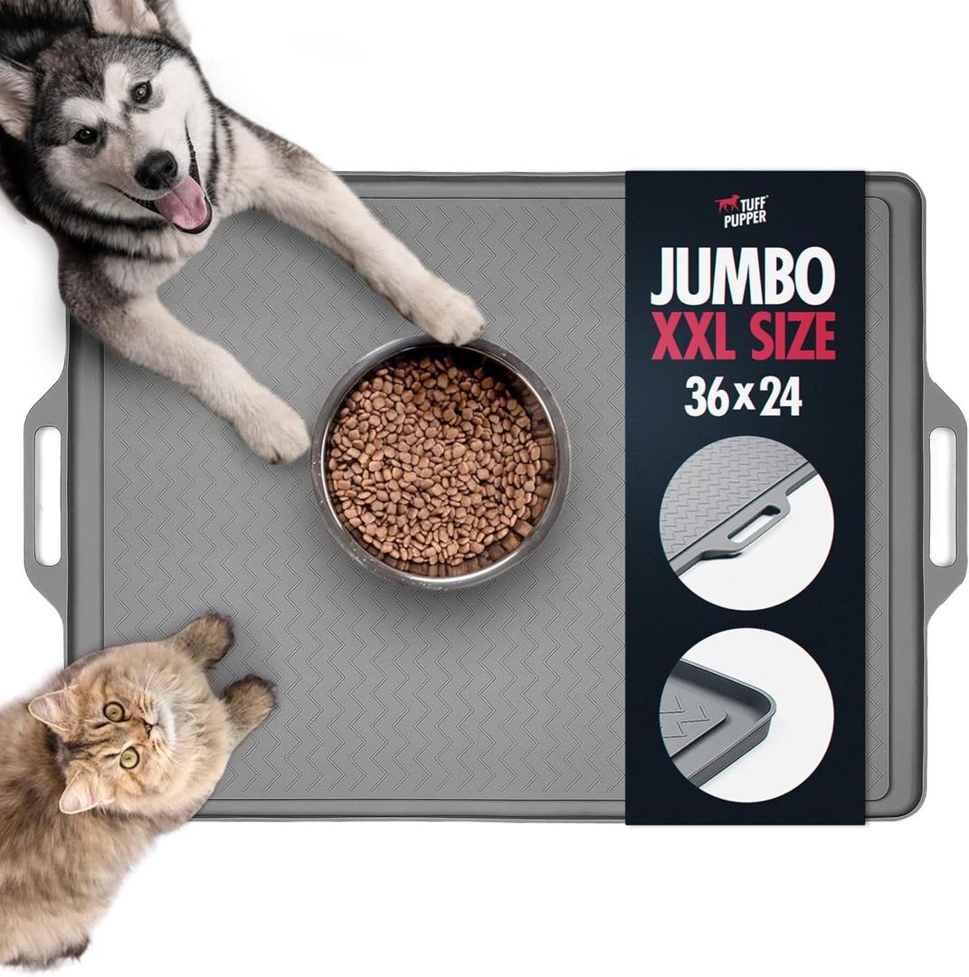 Tuff Pupper XXL Dog Feeding Mat 36x24 for Food and Water | Waterproof Silicone Placemat for Floors | Pet Food Mat for Cats and Bowls (Gray)