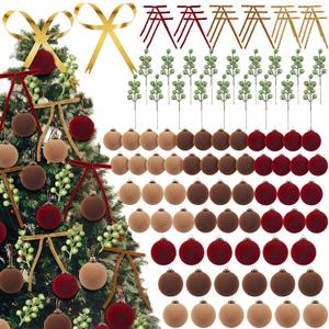 97 Pcs Velvet Ornaments for Christmas Tree Decorrations Include 60 Flocked Ball Ornaments 18 Velvet Ribbon Bows 18 Glitter Berry Picks 1 Top Star for Xmas Holiday Tree Decor