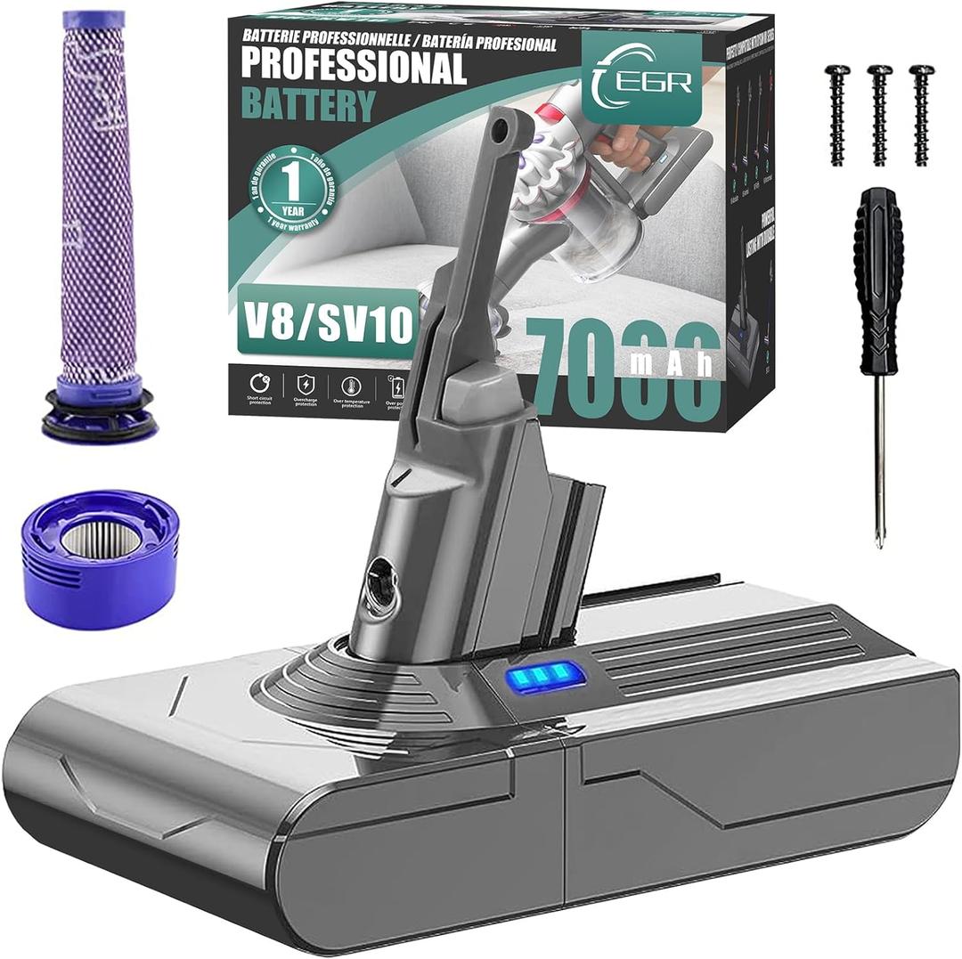 EGR Upgraded 7000mAh V8 Battery Replacement Compatible with Dyson V8 Animal Battery Replacement V8 Absolute V8 Motorhead V8 Fluffy SV10 Carbon Fiber Vacuum Cleaner 2 Filters and 3 Screws Included