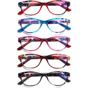 SIGVAN Ladies Cat Eye Reading Glasses 5 Pairs Blue Light Blocking Spring Hinge Fashion Pattern Print Readers for Women (Colorful, 2.00, Multiplier_x)