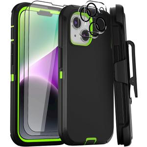 for iPhone 15 Plus Case and iPhone 14 Plus Case 6.7" Belt Clip Holster with 2 Screen Protector + 2 Camera Lens Protector, Heavy Duty Military Grade Phone Case Cover (Black Green+Clip)