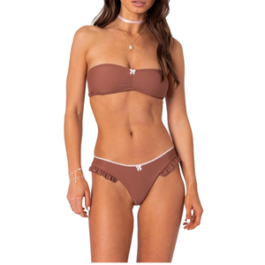 Women Floral Bandeau Bikini Set O Ring Tie Back Strapless 2 Piece Swimsuit Cheeky Thong Batching Suit, M