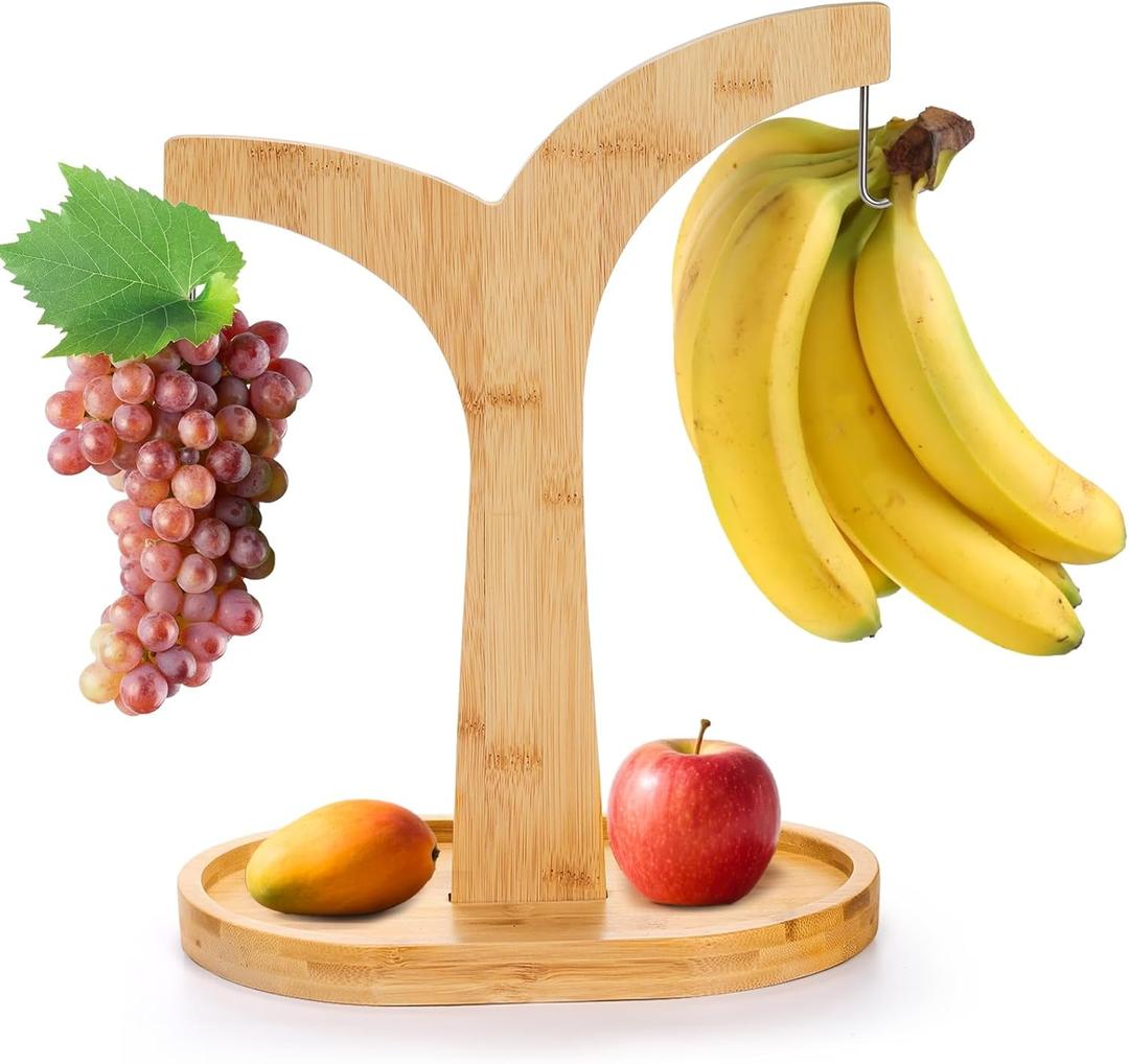 Double Hooks Banana Hanger Stand, 14 Inch Wood Banana Holder, Stable Banana Hanger Keeper for Kitchen Countertop