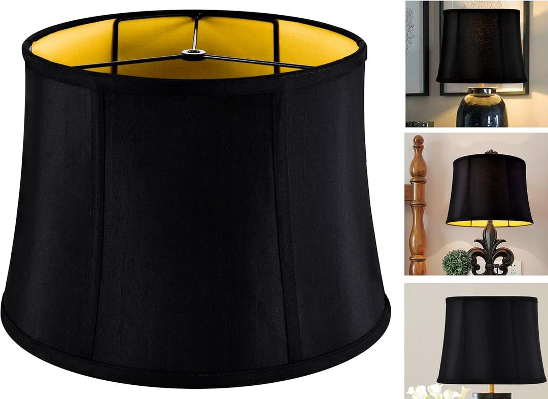 GOSO Medium Black Drum Lamp Shade for Table Lamps Floor Lamp-12x14x10 inch (Spider) Foldable Round Lampshades Faux Silk Lamp Shades Replcement/Rustic Modern Shade-Easy Assembly