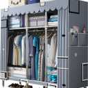 59Inch Portable Wardrobe Closet Storage Organizer for Bedroom, 23MM Thick Steel Hanging Rack with Polyester/Cotton Fabric Cover Phantasy Blue (150CM)
