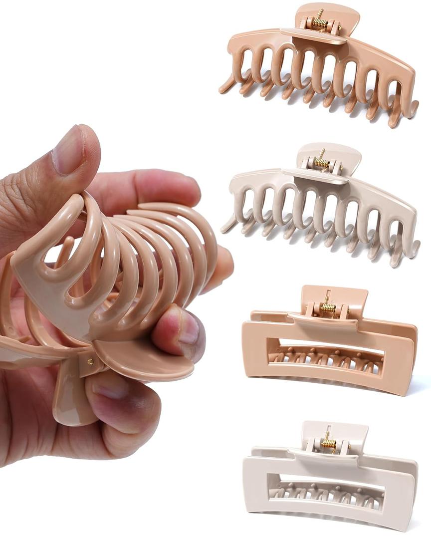 Mesovor 4 Pack Silicone Flexible Hair Claw Clips, Nonslip Large Bendable Claw Clip | Soft Hair Grip Hairclips for Thin and Thick (Dark Khaki, Light Khaki)