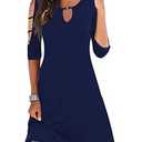 Mokayee Navy Blue Dresses for Women 2024 Casual Summer Cold Shoulder Hollowed Out Knee Length Plain Swing Floral Print Beach Cover Up Dresses with Pockets, Medium