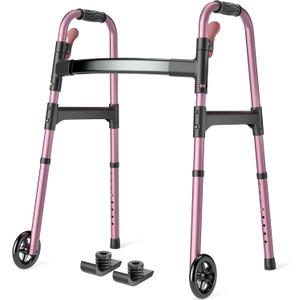 Folding Walkers for Seniors with Wheels, Lightweight Rolling Walker, Height Adjustable Standard Walker with Aluminum Frame, Rose Red
