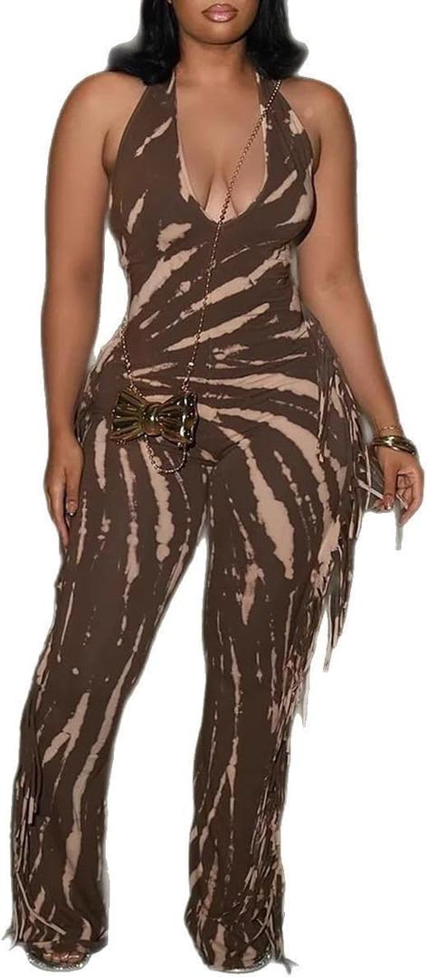 NIFTRIRY Casual Jumpsuits Sleeveless Fringe Side Legging Backless One Piece Jumpsuits for Women (Small, Brown)