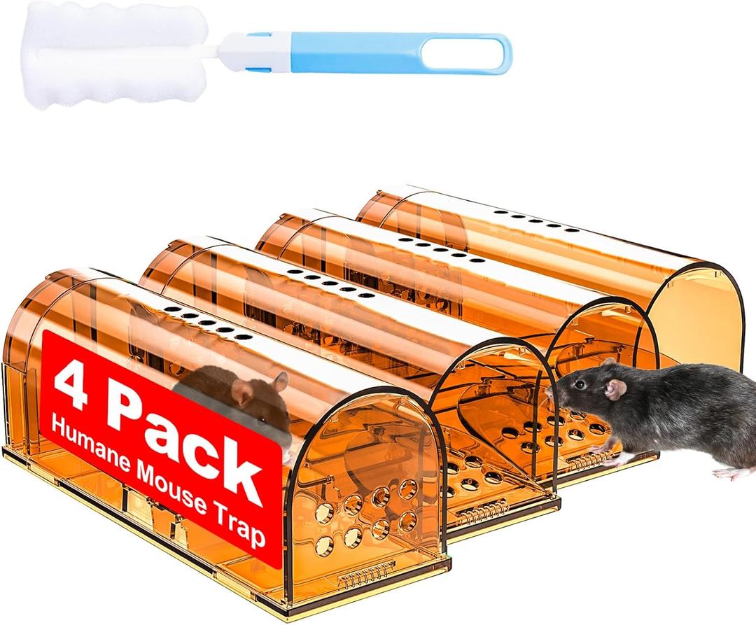 4 Pack Humane Mouse Traps No Kill, Live Mouse Traps Indoor, Reusable Small Mice Trap Catcher for House & Outdoors (05-Orange(4Pack))