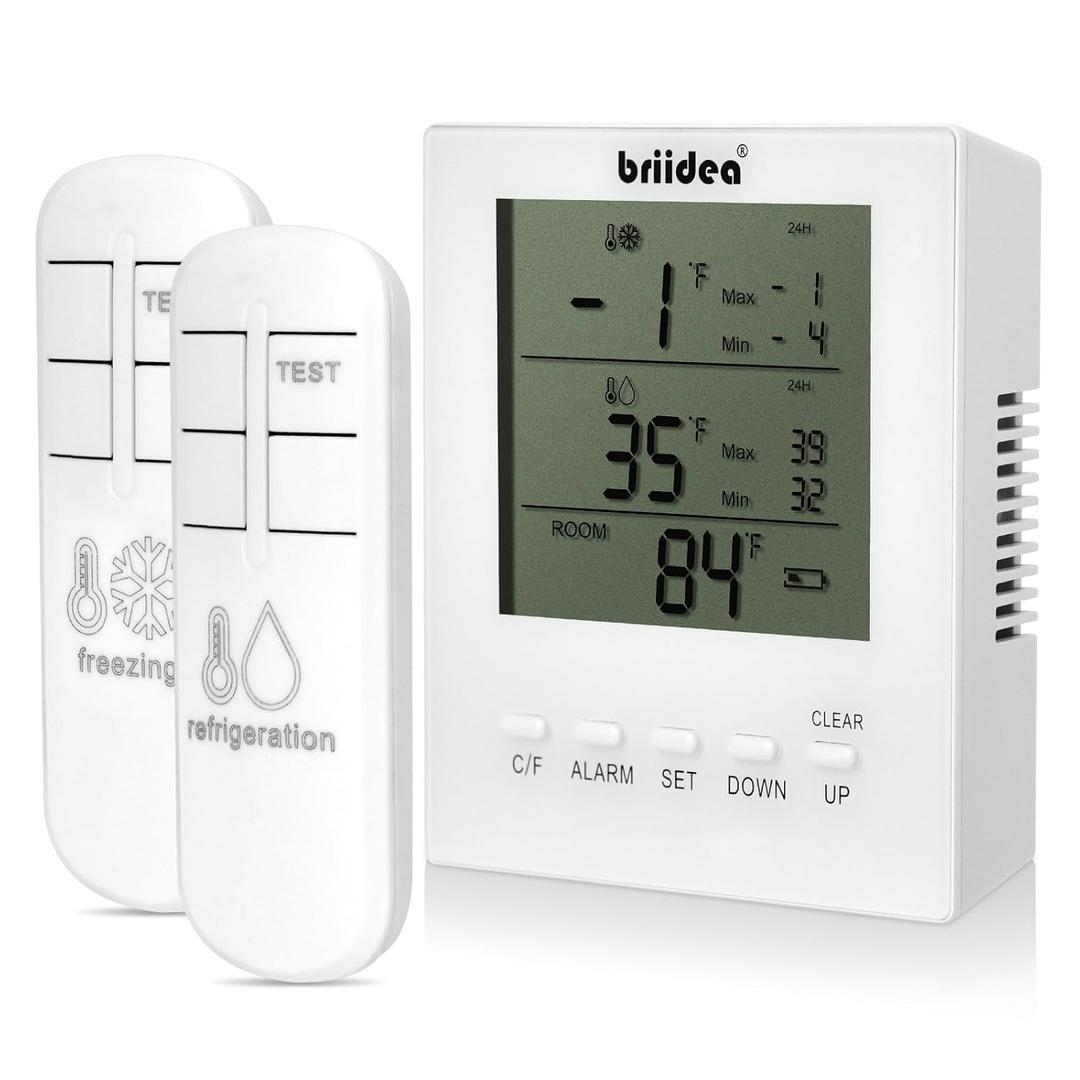 Freezer Temperature Alarm, Briidea Wireless Fridge and Freezer Thermometer with Alarm, Alerts for Max/Min Temperatures (-40 to 99), Prevent Food Spoilage