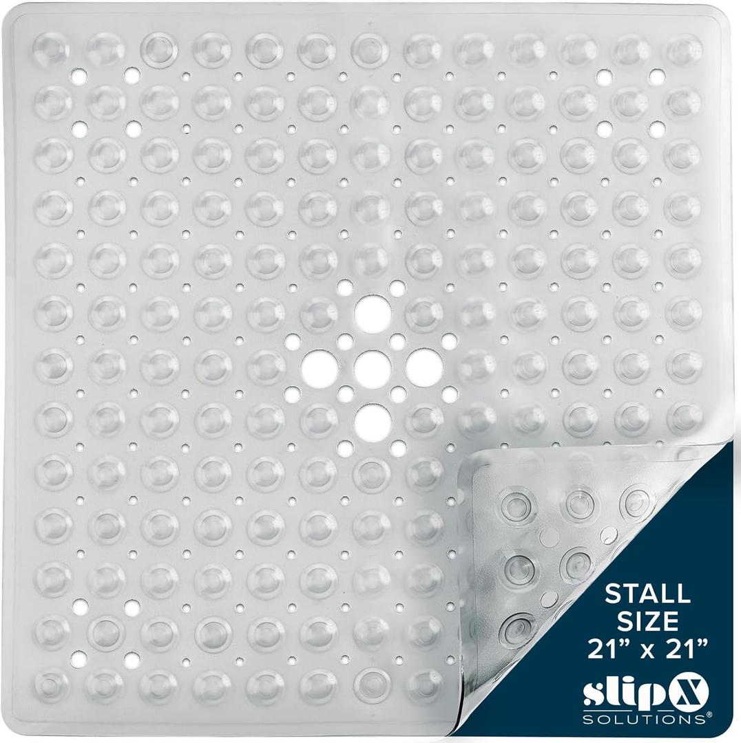 SlipX Solutions Essential Square Shower Stall Mat, 21"x21", Grippy Textured Surface, 25% Stronger Suction Cups, Non-Slip Shower Floor Mat for Bathers of All Ages, Fits Standard Showers & Tubs, Clear