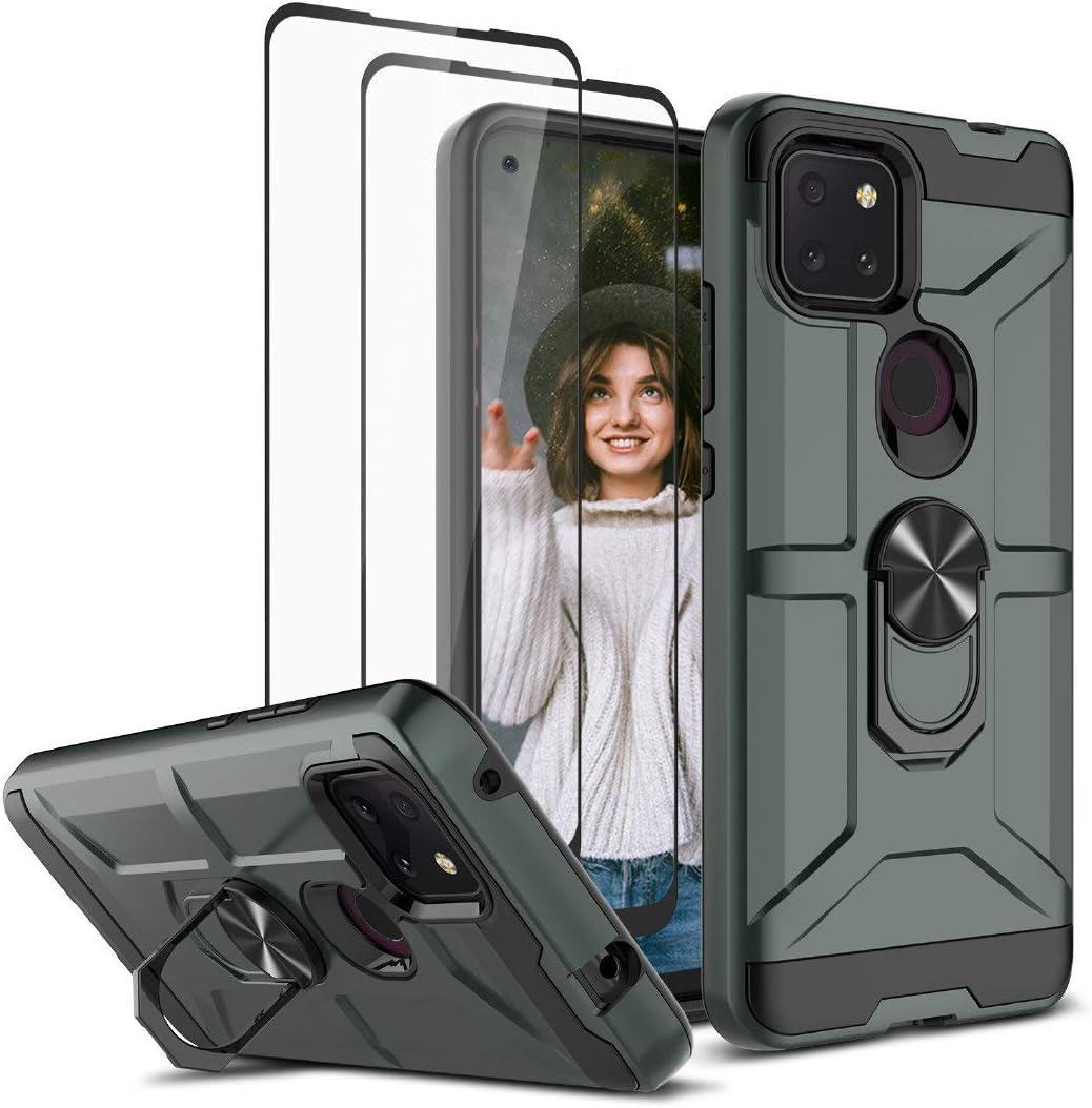 for T-Mobile Revvl 5G Case with 2 Tempered Glass Screen Protector, Full Body Hybrid Hard PC Soft TPU Rotating Kickstand Ring Military Grade Shockproof Protective Case for TCL Revvl 5G, Midnight Green